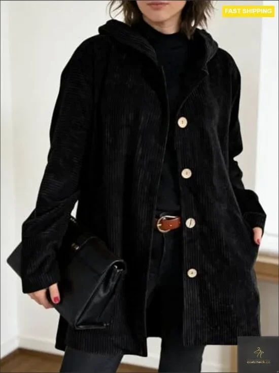 Corduroy Hooded Trench Coat Loose Fit Vintage Chic Casual Outerwear Jacket - Picture 4 of 7